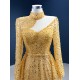 Long Sleeve Gold Prom Dresses Halter Neck Formal Evening Dress Women Floor Length Long Special Occasion Party Gowns