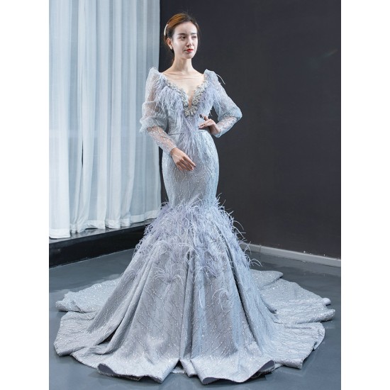 Long Sleeve Gray Mermaid Evening Dress 2024 Sexy V Neck Beading Evening Prom Gowns