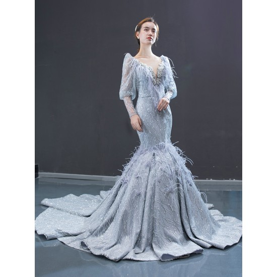 Long Sleeve Gray Mermaid Evening Dress 2024 Sexy V Neck Beading Evening Prom Gowns