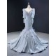 Long Sleeve Gray Mermaid Evening Dress 2024 Sexy V Neck Beading Evening Prom Gowns