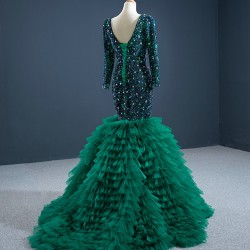 Long Sleeve Green Prom Dresses Ruffled Formal Cocktail Dress Sequin Women Outfits