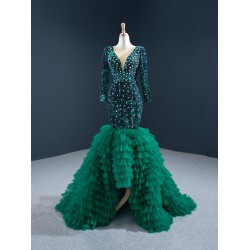 Long Sleeve Green Prom Dresses Ruffled Formal Cocktail Dress Sequin Women Outfits