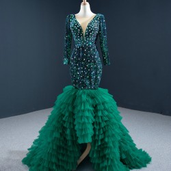 Long Sleeve Green Prom Dresses Ruffled Formal Cocktail Dress Sequin Women Outfits