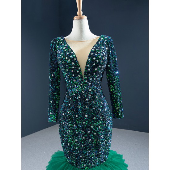 Long Sleeve Green Prom Dresses Ruffled Formal Cocktail Dress Sequin Women Outfits