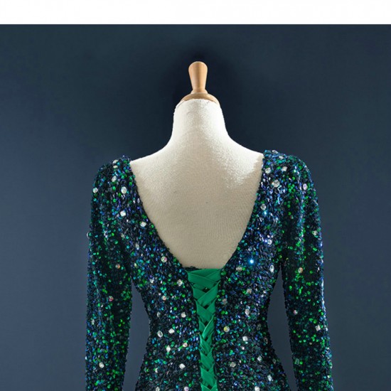 Long Sleeve Green Prom Dresses Ruffled Formal Cocktail Dress Sequin Women Outfits