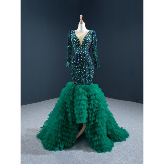 Long Sleeve Green Prom Dresses Ruffled Formal Cocktail Dress Sequin Women Outfits