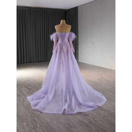 Long Sleeve Lilac Prom Dresses 2024 Side Split Long Satin Formal Evening Party Wedding Gowns for Women