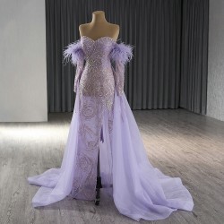 Long Sleeve Lilac Prom Dresses 2024 Side Split Long Satin Formal Evening Party Wedding Gowns for Women