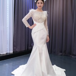 Long Sleeve Mermaid Wedding Dress For Woman 2024 Scoop Neck Elegant Bridal Gowns