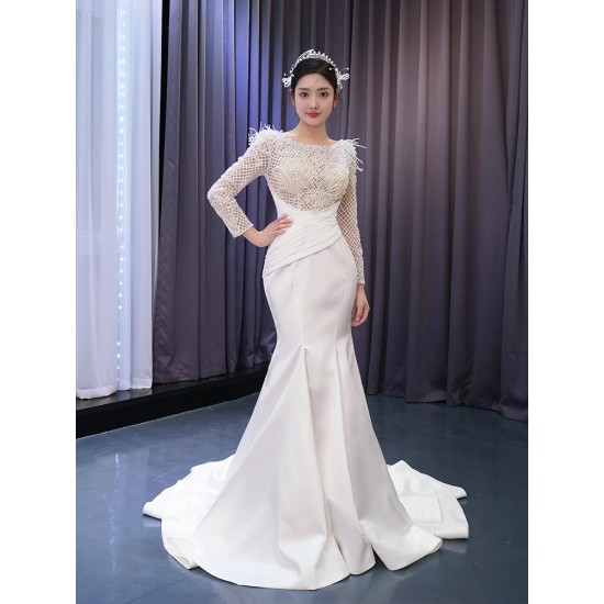 Long Sleeve Mermaid Wedding Dress For Woman 2024 Scoop Neck Elegant Bridal Gowns