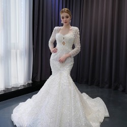 Long Sleeve Mermaid Wedding Dress Sexy Backless Pearl Square Collar Bride Gown 2024