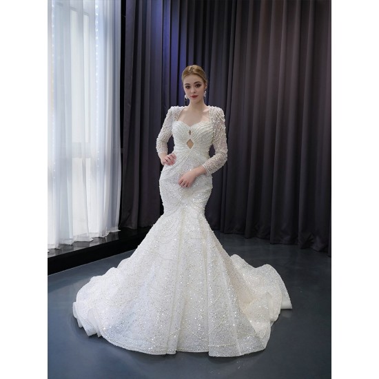 Long Sleeve Mermaid Wedding Dress Sexy Backless Pearl Square Collar Bride Gown 2024