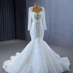 Long Sleeve Mermaid Wedding Dress Sexy Backless Pearl Square Collar Bride Gown 2024