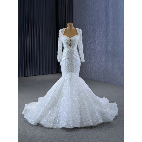 Long Sleeve Mermaid Wedding Dress Sexy Backless Pearl Square Collar Bride Gown 2024