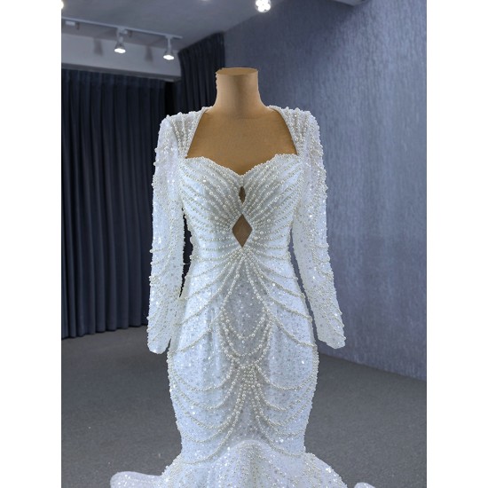 Long Sleeve Mermaid Wedding Dress Sexy Backless Pearl Square Collar Bride Gown 2024