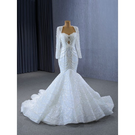 Long Sleeve Mermaid Wedding Dress Sexy Backless Pearl Square Collar Bride Gown 2024