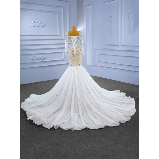 Long Sleeve Mermaid Wedding Dress Square Collar Bridal Gown Robe Mariee