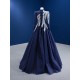 Long Sleeve Navy Blue Prom Dresses For Black Girls 2024 High Neck Sequin Lace A Line Evening Party Gowns