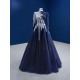 Long Sleeve Navy Blue Prom Dresses For Black Girls 2024 High Neck Sequin Lace A Line Evening Party Gowns