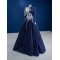 Long Sleeve Navy Blue Prom Dresses For Black Girls 2024 High Neck Sequin Lace A Line Evening Party Gowns