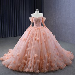 Long Sleeve Peach Color Quinceanera Dress Sweetheart Neck Vestidos De 15 Anos With 3D Flowers