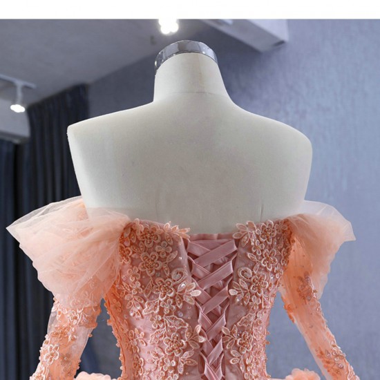 Long Sleeve Peach Color Quinceanera Dress Sweetheart Neck Vestidos De 15 Anos With 3D Flowers