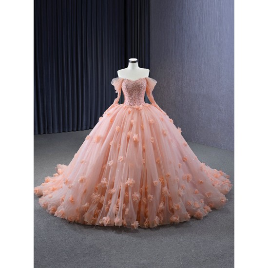 Long Sleeve Peach Color Quinceanera Dress Sweetheart Neck Vestidos De 15 Anos With 3D Flowers