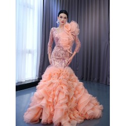 Long Sleeve Peach Evening Gowns For Wedding Party Prom Dresses Ruffled Occasion Dress