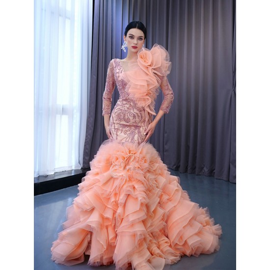 Long Sleeve Peach Evening Gowns For Wedding Party Prom Dresses Ruffled Occasion Dress