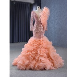 Long Sleeve Peach Evening Gowns For Wedding Party Prom Dresses Ruffled Occasion Dress