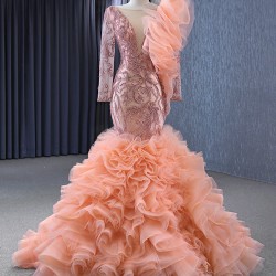 Long Sleeve Peach Evening Gowns For Wedding Party Prom Dresses Ruffled Occasion Dress