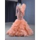 Long Sleeve Peach Evening Gowns For Wedding Party Prom Dresses Ruffled Occasion Dress