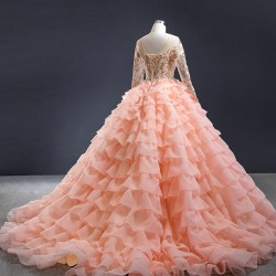 Long Sleeve Peach Pink Quinceanera Dress 2024 Tiered Vestidos De 15 Anos Lace Appliques Evenning Party Gown