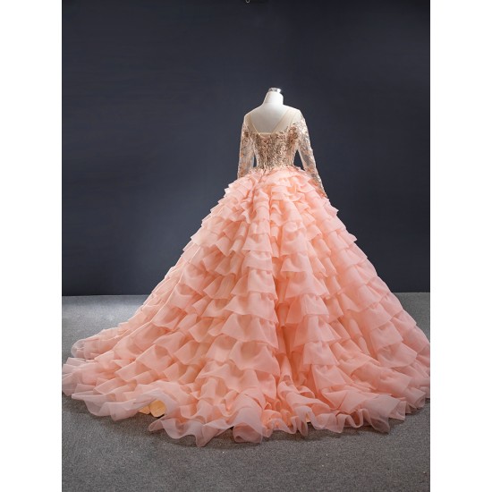 Long Sleeve Peach Pink Quinceanera Dress 2024 Tiered Vestidos De 15 Anos Lace Appliques Evenning Party Gown