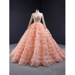 Long Sleeve Peach Pink Quinceanera Dress 2024 Tiered Vestidos De 15 Anos Lace Appliques Evenning Party Gown