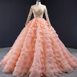 Long Sleeve Peach Pink Quinceanera Dress 2024 Tiered Vestidos De 15 Anos Lace Appliques Evenning Party Gown