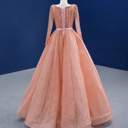 Long Sleeve Peach Prom Dresses 2024 Elegant Square Collar Prom Evening Gowns A Line Robe De Soiree