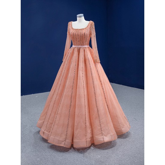 Long Sleeve Peach Prom Dresses 2024 Elegant Square Collar Prom Evening Gowns A Line Robe De Soiree