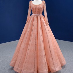 Long Sleeve Peach Prom Dresses 2024 Elegant Square Collar Prom Evening Gowns A Line Robe De Soiree