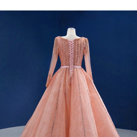 Long Sleeve Peach Prom Dresses 2024 Elegant Square Collar Prom Evening Gowns A Line Robe De Soiree