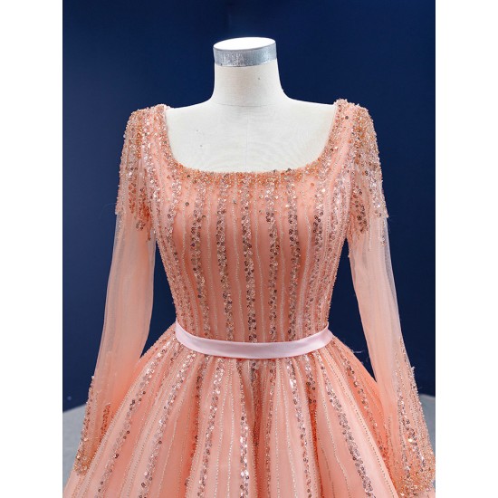 Long Sleeve Peach Prom Dresses 2024 Elegant Square Collar Prom Evening Gowns A Line Robe De Soiree