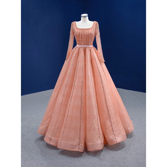 Long Sleeve Peach Prom Dresses 2024 Elegant Square Collar Prom Evening Gowns A Line Robe De Soiree