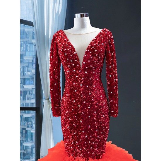 Long Sleeve Red Mermaid Evening Dresses 2024 Vestido De Fiesta Women Ruffled Sequin Formal Floor Length Wedding Party Gowns