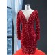 Long Sleeve Red Mermaid Evening Dresses 2024 Vestido De Fiesta Women Ruffled Sequin Formal Floor Length Wedding Party Gowns