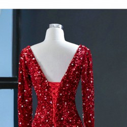 Long Sleeve Red Mermaid Evening Dresses 2024 Vestido De Fiesta Women Ruffled Sequin Formal Floor Length Wedding Party Gowns