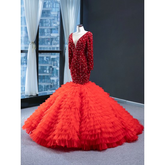 Long Sleeve Red Mermaid Evening Dresses 2024 Vestido De Fiesta Women Ruffled Sequin Formal Floor Length Wedding Party Gowns