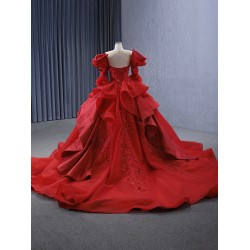 Long Sleeve Red Quinceanera Dress 2024 Princess Ball Gown Scoop Neck Prom Dress Formal Occasion Dresses