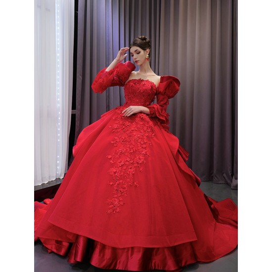 Long Sleeve Red Quinceanera Dress 2024 Princess Ball Gown Scoop Neck Prom Dress Formal Occasion Dresses