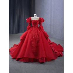 Long Sleeve Red Quinceanera Dress 2024 Princess Ball Gown Scoop Neck Prom Dress Formal Occasion Dresses