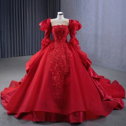 Long Sleeve Red Quinceanera Dress 2024 Princess Ball Gown Scoop Neck Prom Dress Formal Occasion Dresses